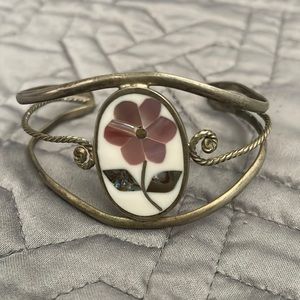 Silver cuff bracelet with shell inlay